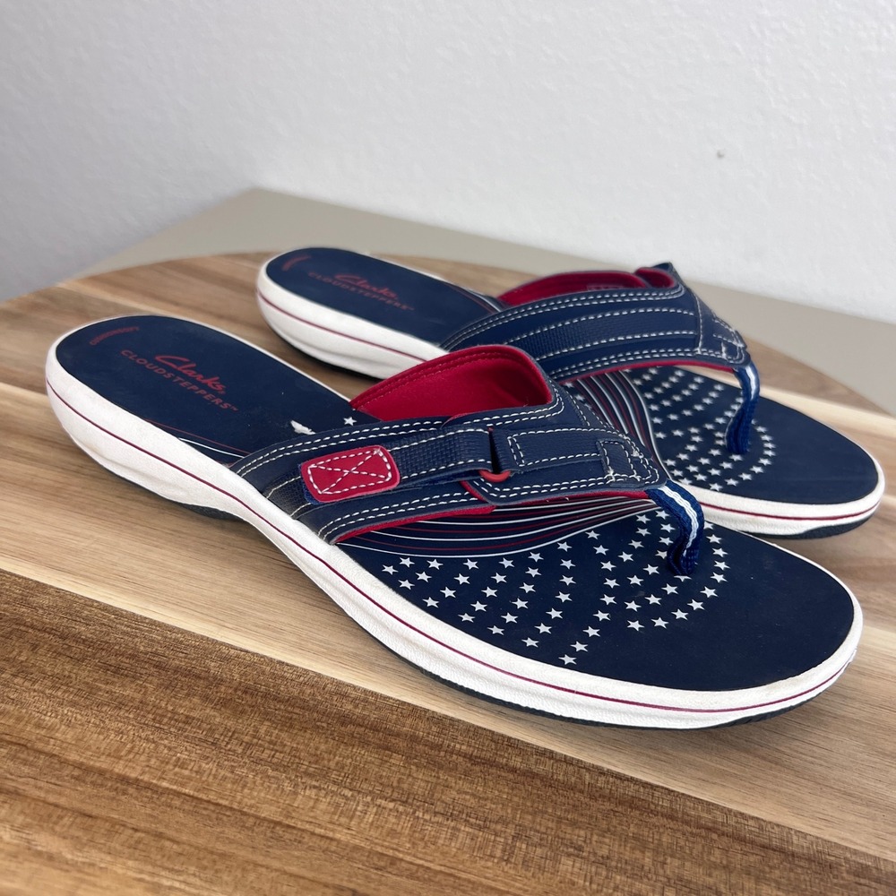 Clarks Cloudsteppers Breeze Sea Flip Flops Womens 10 Blue Americana Sandals
